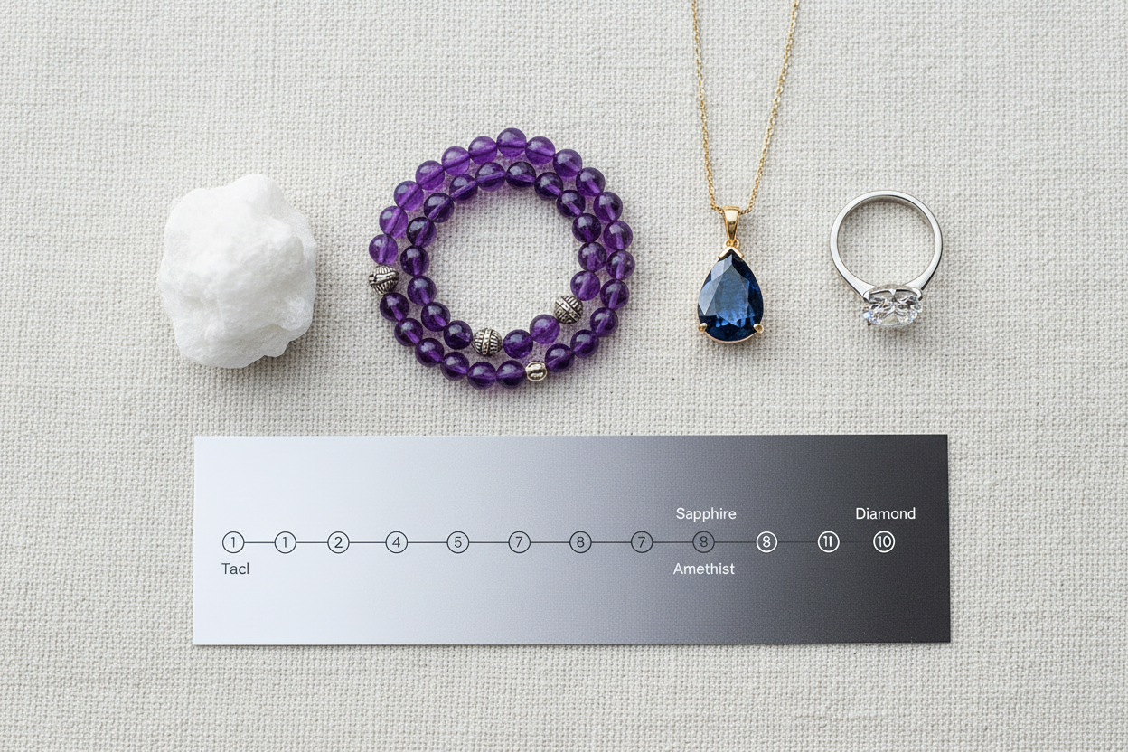 Flat lay of gemstone jewelry pieces arranged by hardness including diamond ring, sapphire pendant, amethyst bracelet, and talc mineral specimen on linen surface with Mohs hardness scale card