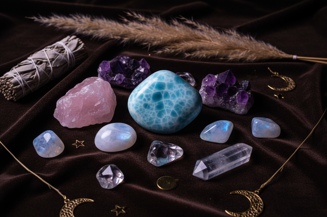 Larimar, rose quartz, moonstone, amethyst, and aquamarine crystals arranged on dark velvet with botanicals and gold accents — crystal combination collection, boho metaphysical styling