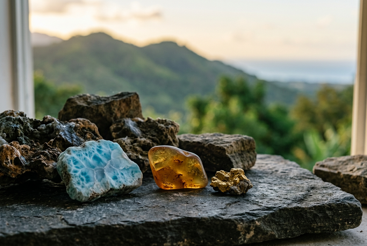 Conceptual illustration of blue Larimar, honey-colored amber, and a gold-toned specimen on dark rock with a Caribbean mountain backdrop.