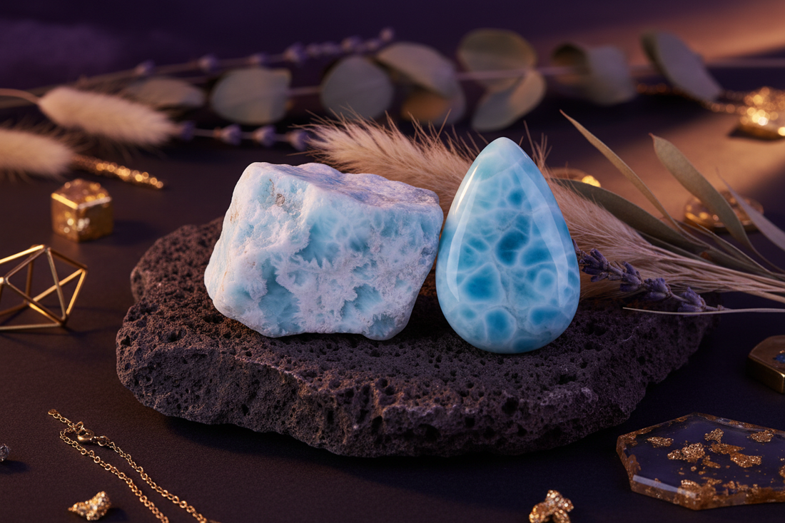 Raw and polished Larimar stones on dark volcanic rock with botanicals and gold accents — rare Caribbean gemstone, boho metaphysical styling