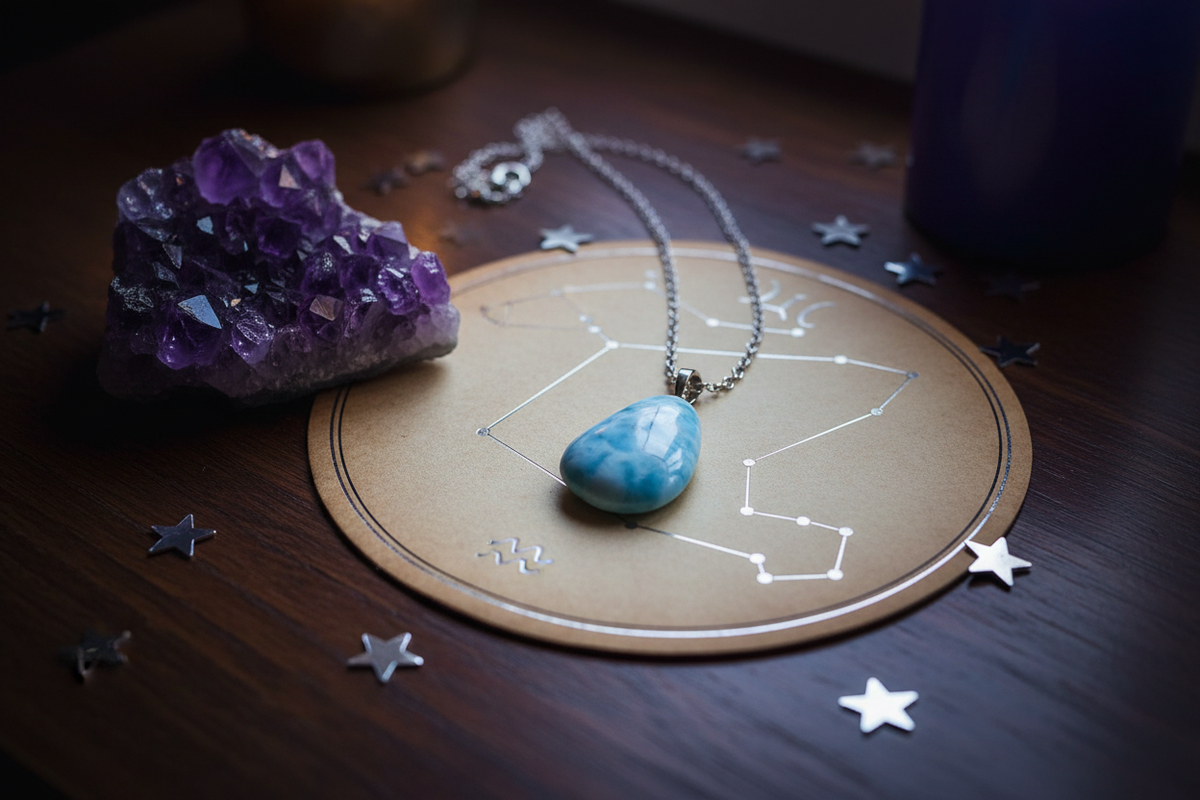 Larimar crystal pendant with Aquarius constellation chart, silver stars, and amethyst cluster — boho metaphysical crystal astrology styling