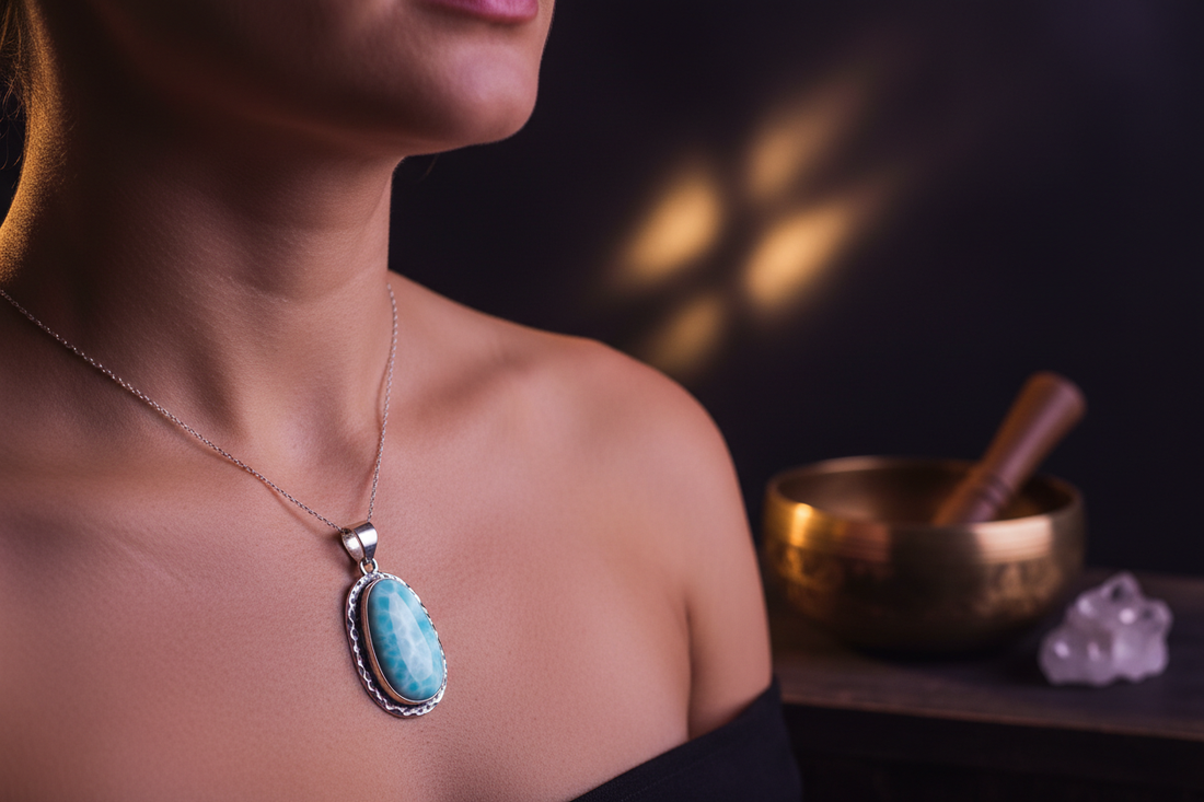 Larimar pendant necklace at the throat with singing bowl and crystals softly blurred behind — Throat Chakra healing, boho metaphysical editorial photography
