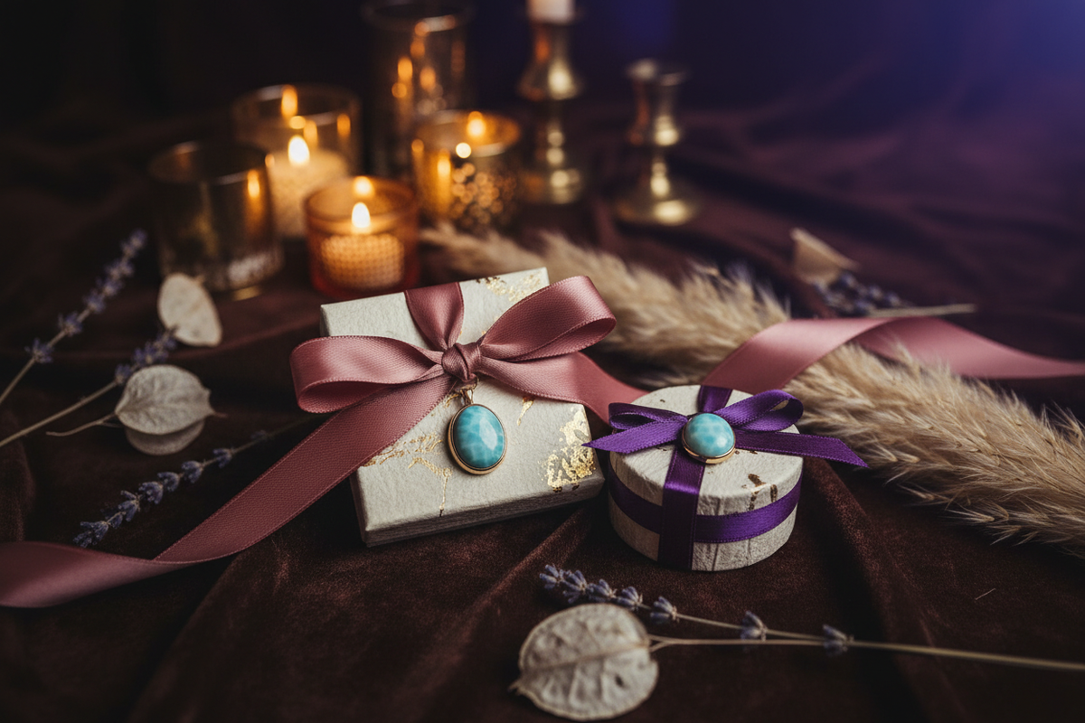 Larimar jewelry gift boxes with satin ribbon, dried florals, gold leaf, and candlelight on dark velvet — luxury meaningful jewelry gift, boho metaphysical styling