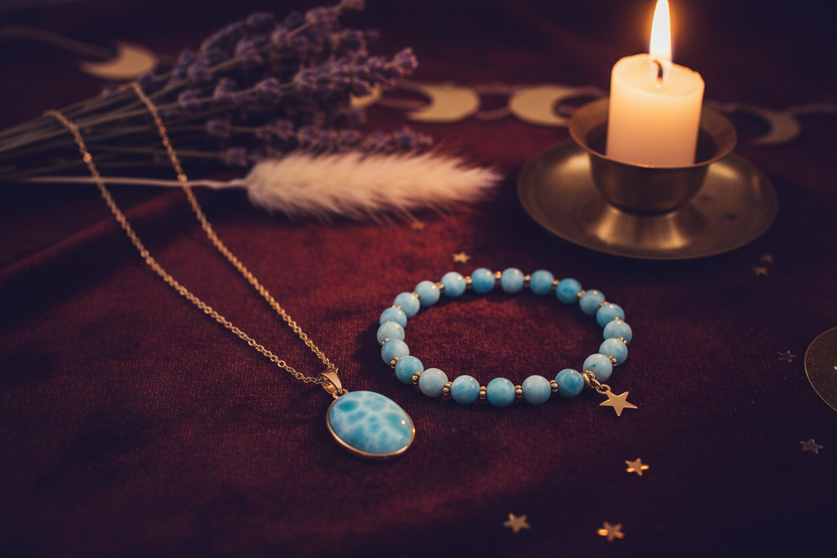 Larimar pendant necklace and beaded bracelet displayed side by side on dark velvet with candle and gold celestial accents — boho metaphysical jewelry styling