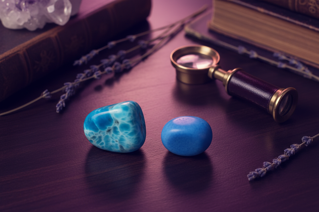 Genuine Larimar with ocean-blue swirling patterns beside a dyed howlite imitation on dark surface with jeweler's loupe — how to spot real vs fake Larimar, boho metaphysical styling