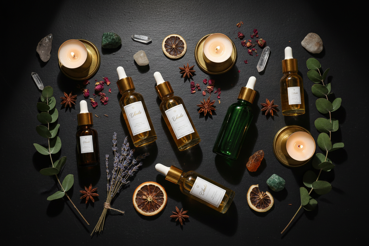 Pure essential oil bottles with dried botanicals and crystals for aromatherapy and ritual wellness