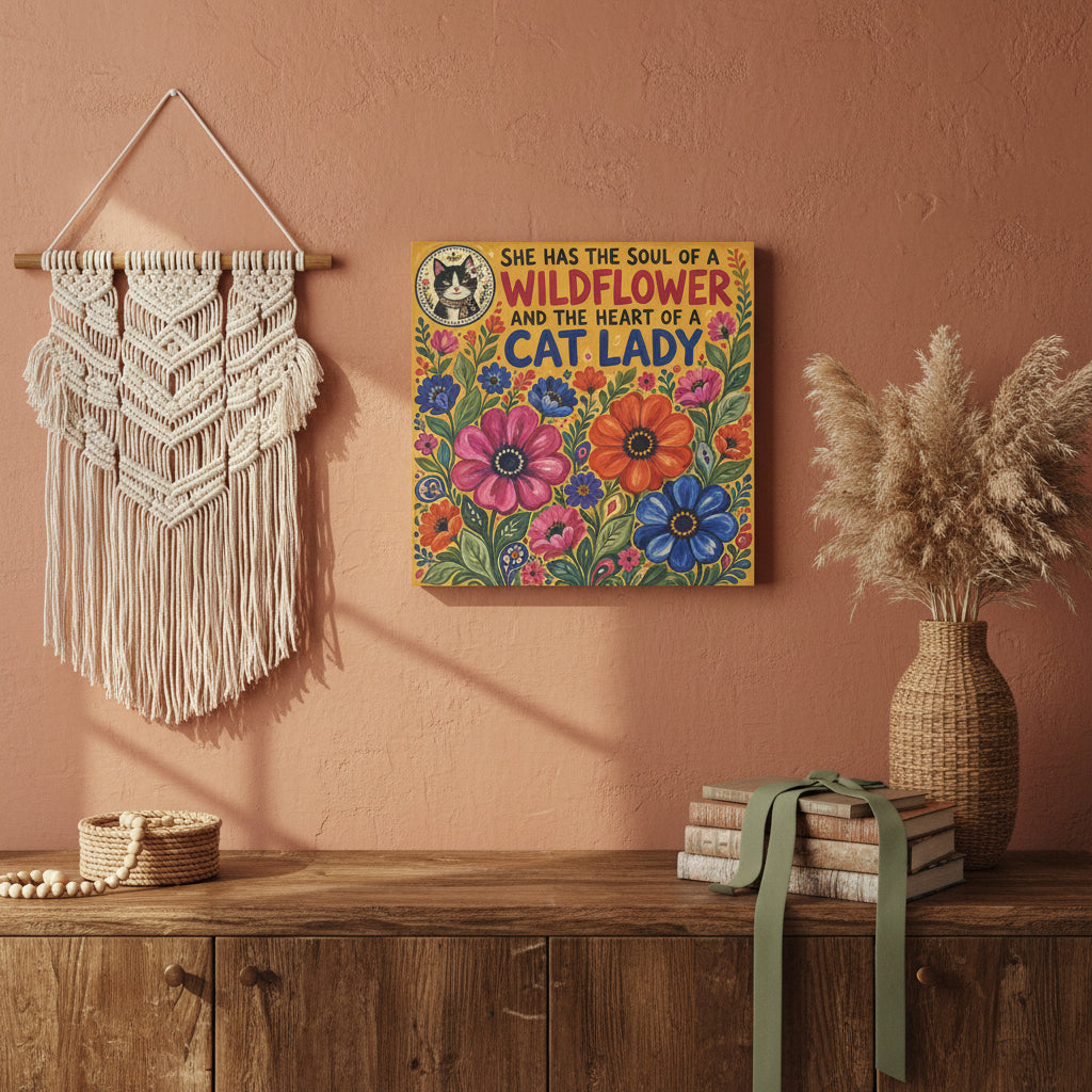 Wildflower Cat Lady Canvas Wall Art – “She Has the Soul of a Wildflower and the Heart of a Cat Lady”