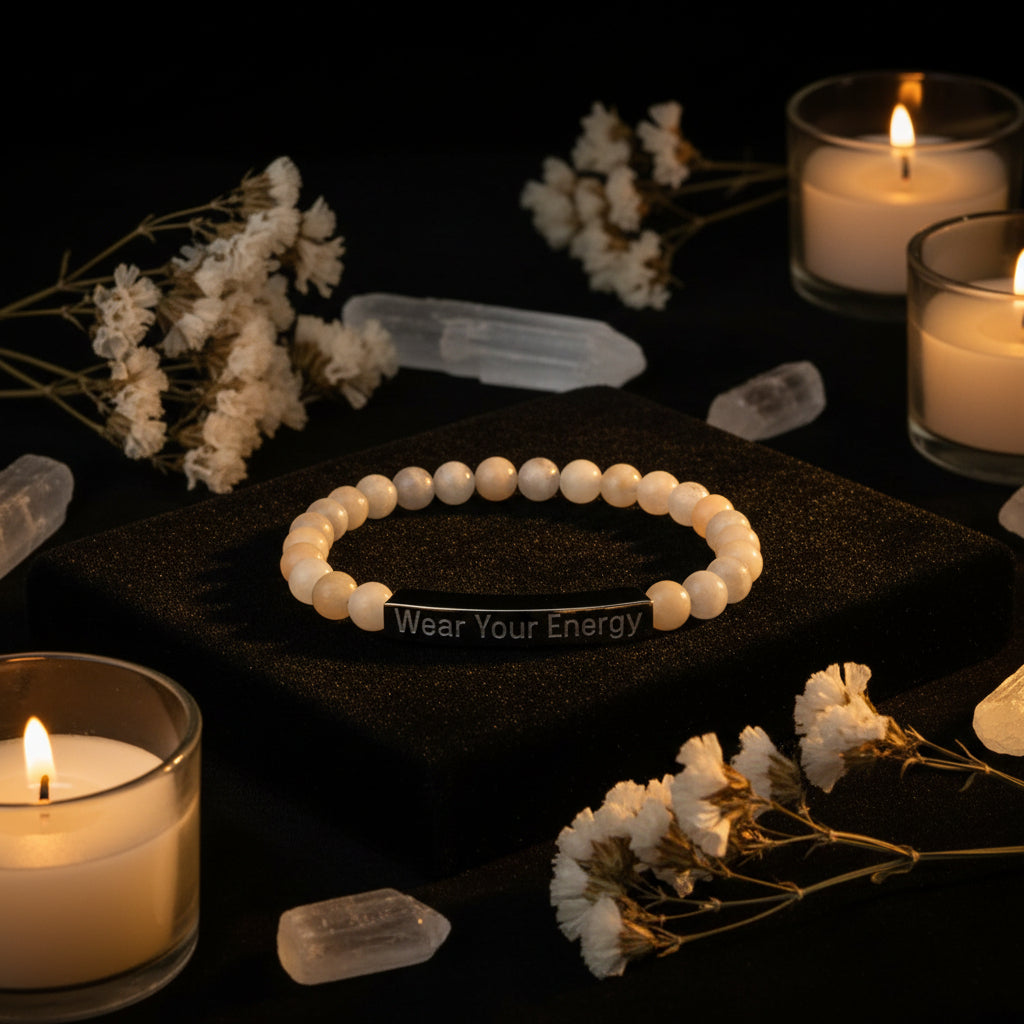 Natural Stone Stretch Bracelet – Engraved "Wear Your Energy" Bar
