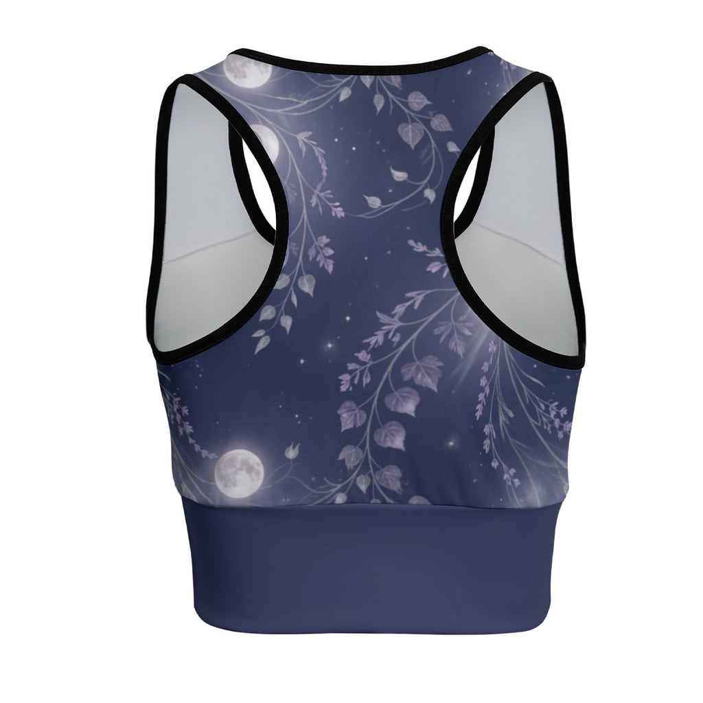 Moon Botanica™ Racerback Sports Bra — Moonlit Botanical Print