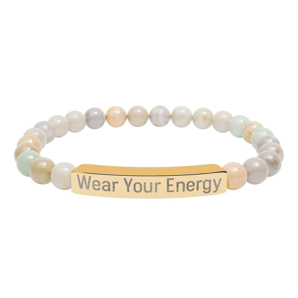 Natural Stone Stretch Bracelet – Engraved "Wear Your Energy" Bar
