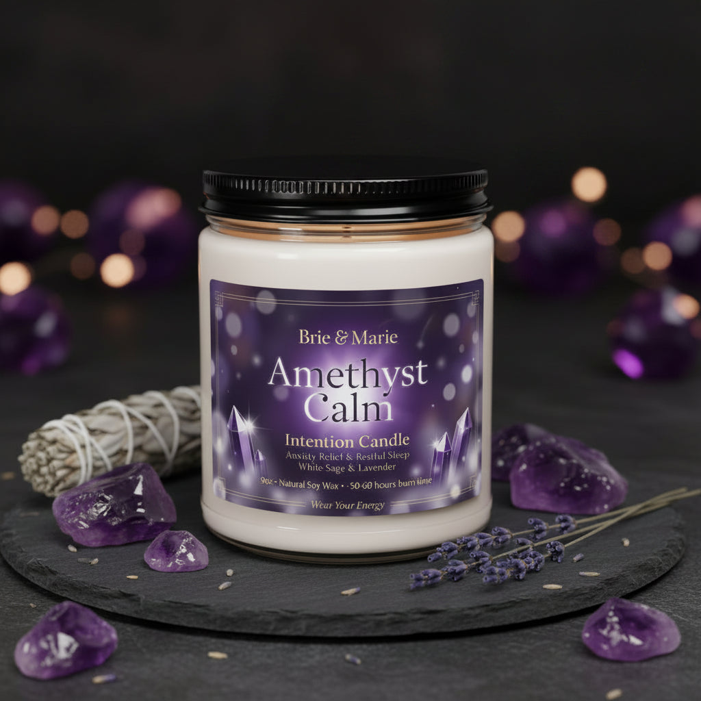 Amethyst Calm Intention Candle by Brie & Marie – Anxiety Relief & Restful Sleep with White Sage and Lavender scent. Crystal energy soy candle for meditation and peace.