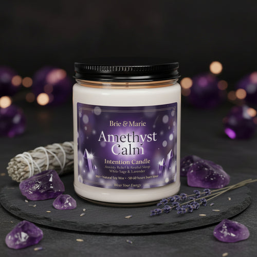 Amethyst Calm Intention Candle by Brie & Marie – Anxiety Relief & Restful Sleep with White Sage and Lavender scent. Crystal energy soy candle for meditation and peace.