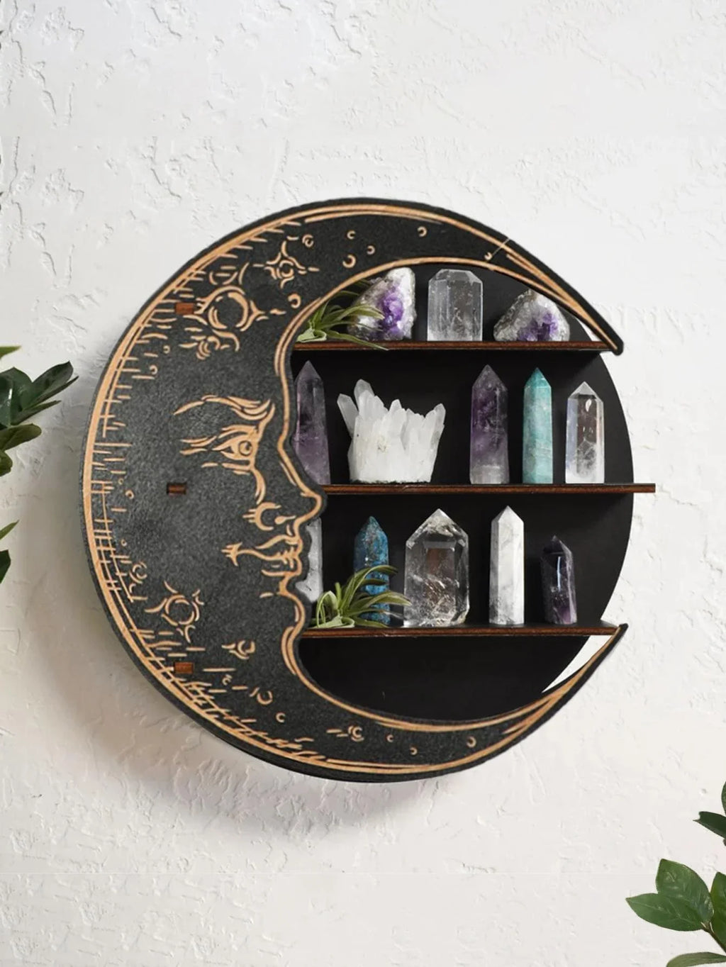 Moon Face Round Wall Shelf – Wooden Crystal Display