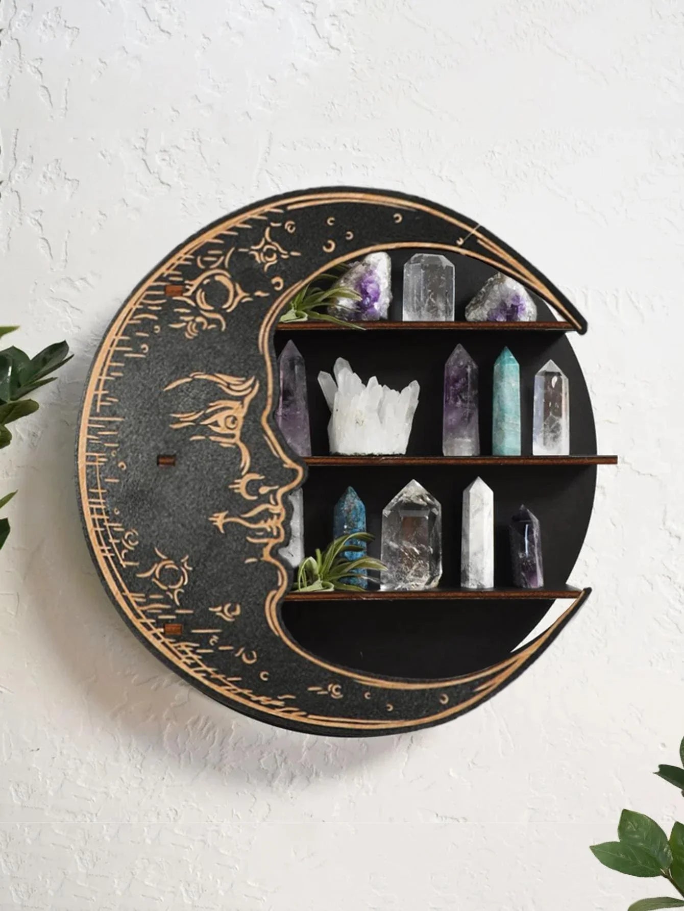 Moon Face Round Wall Shelf – Wooden Crystal Display