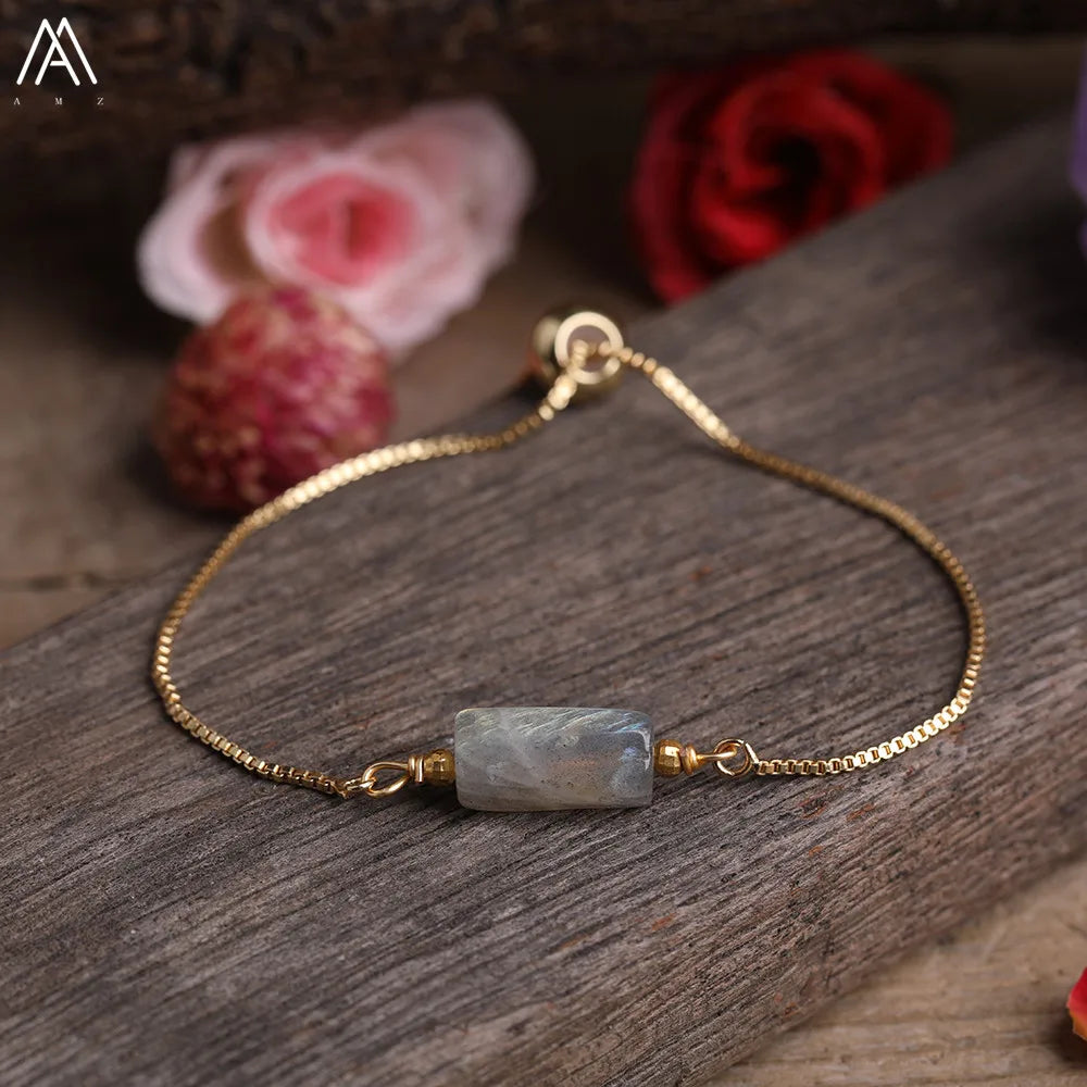 Natural Gemstone Single-Bead Bracelet – Gold-Plated Crystal Jewelry for Women
