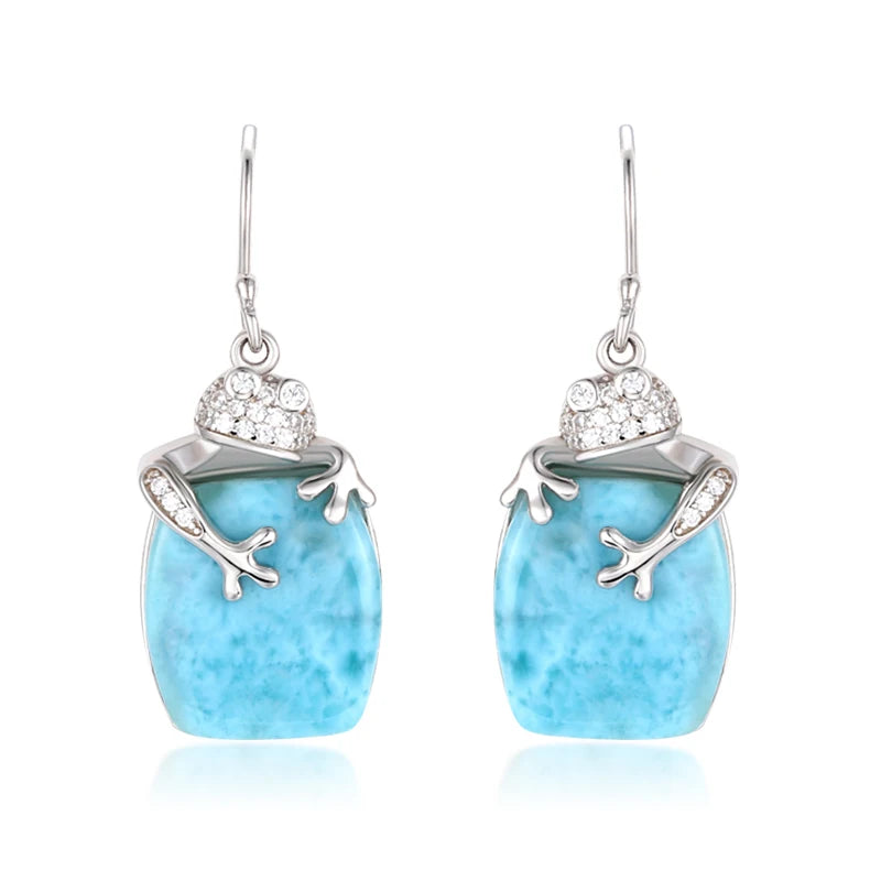 Larimar Barrel Drop Earrings, Lizard Charm
