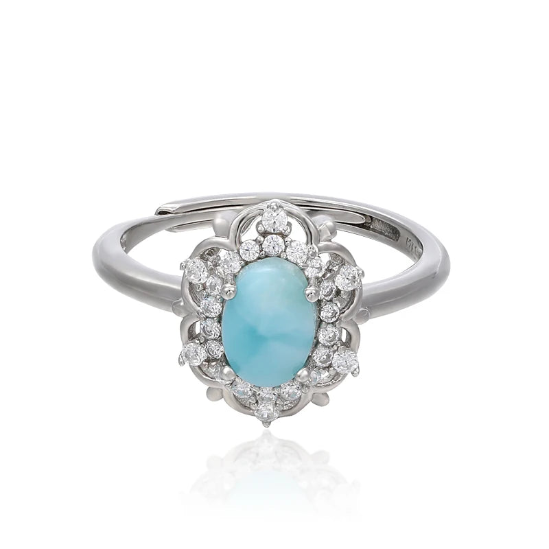 Larimar Halo Flower Ring, 925 Sterling Silver