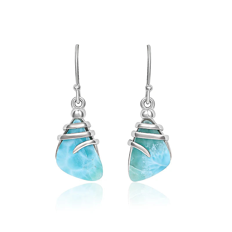 Larimar Wire Wrapped Drop Earrings in 925 Sterling Silver