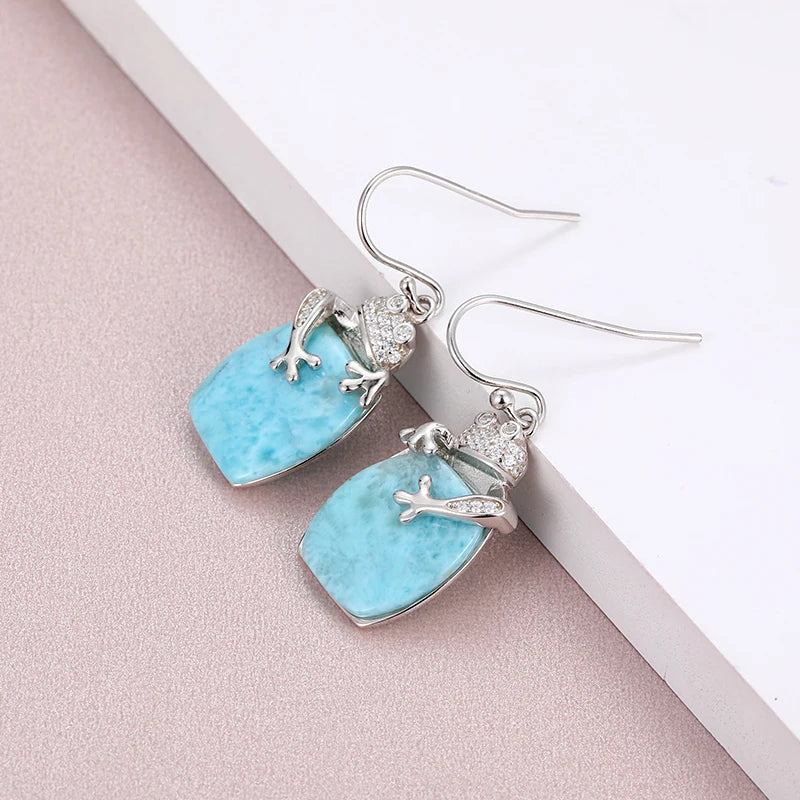 Larimar Barrel Drop Earrings, Lizard Charm