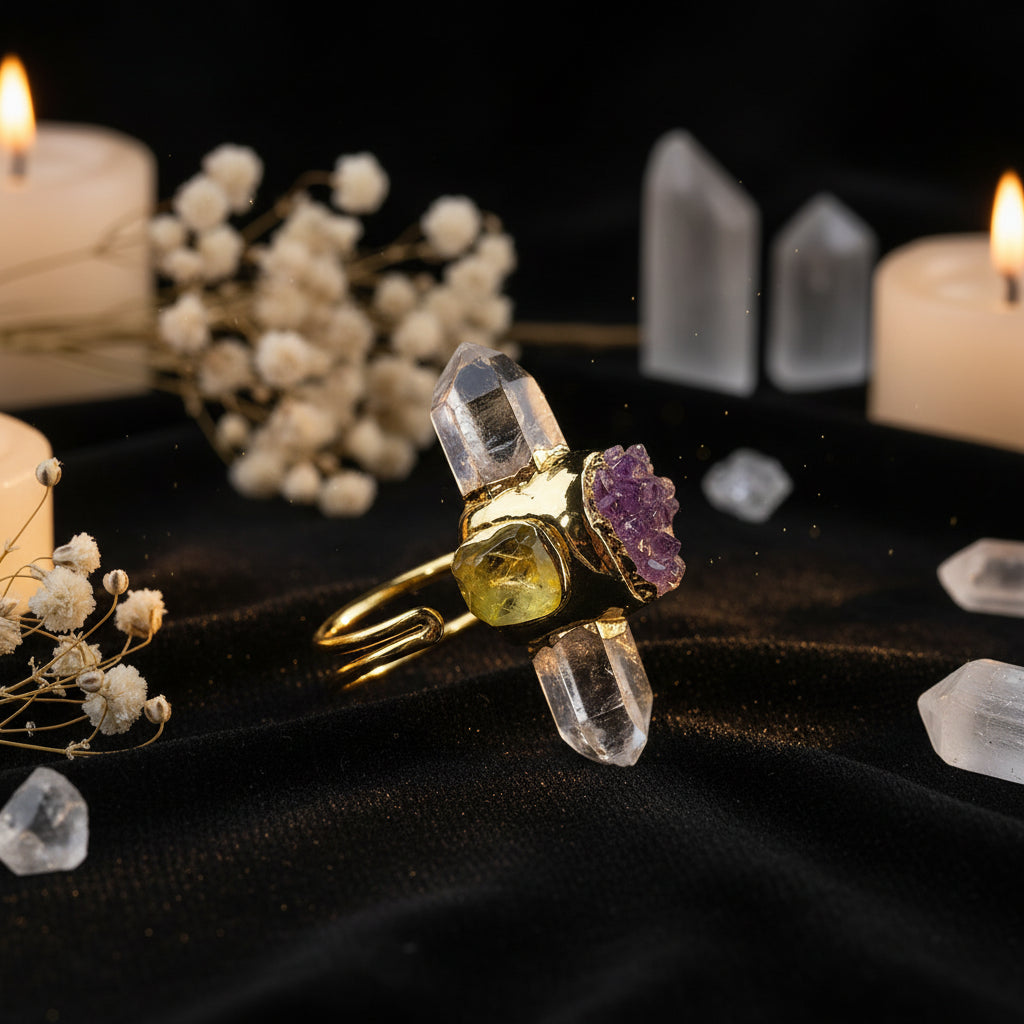 14K Gold-Plated Natural Gemstone Open Ring — Quartz, Citrine & Amethyst Crystal