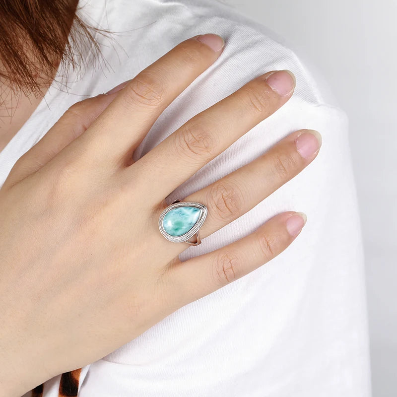 Larimar Teardrop Ring, Open Silver Band
