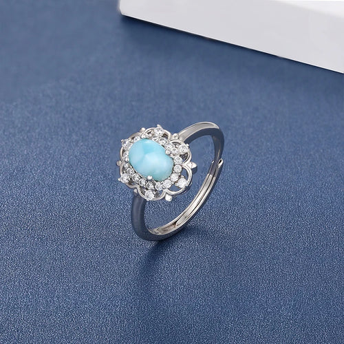 Adjustable Larimar Halo Ring in 925 Sterling Silver