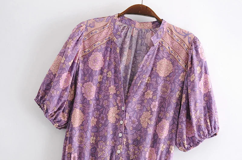 Purple Floral Boho Puff-Sleeve Mini Dress