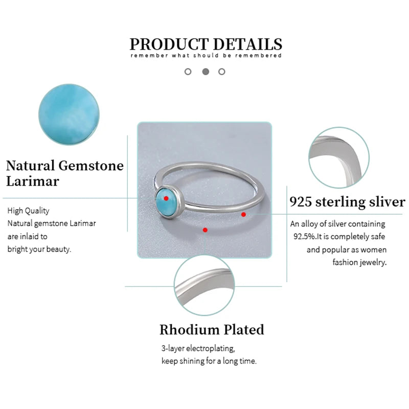 Larimar Round 925 Sterling Silver Solitaire Ring