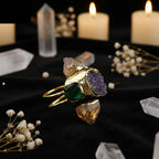 14K Gold-Plated Natural Gemstone Open Ring — Quartz, Citrine & Amethyst Crystal