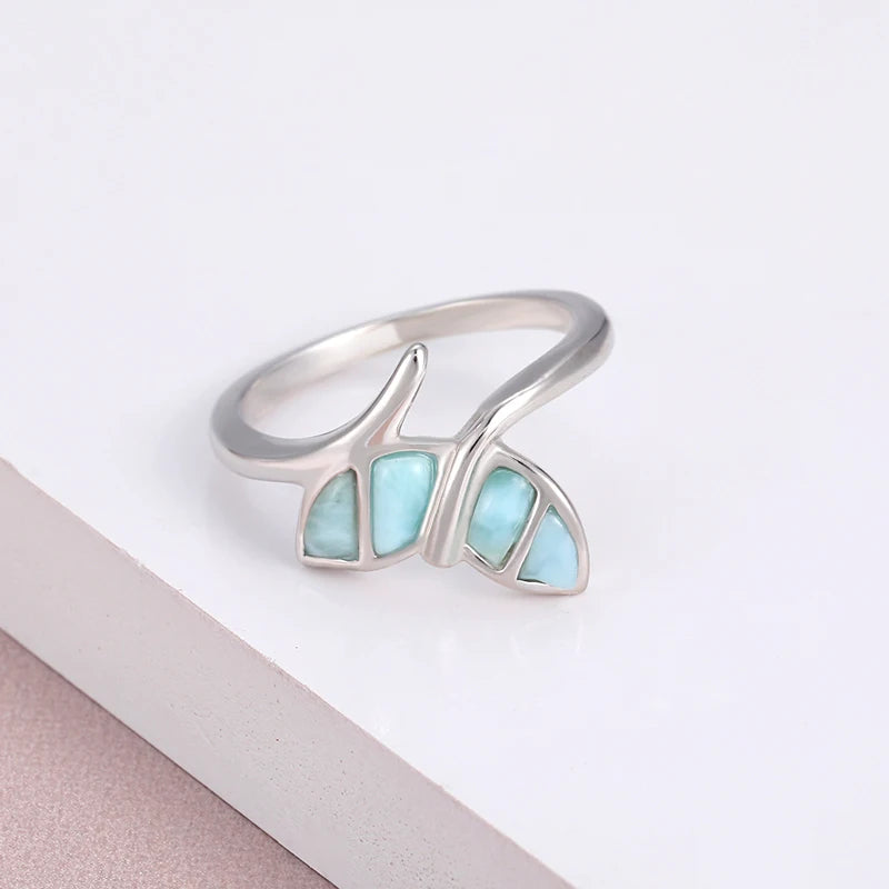 Larimar Leaf Cluster Open Ring in 925 Sterling Silver