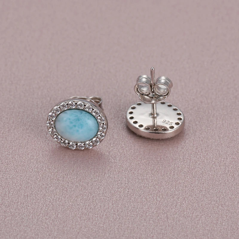 Larimar Oval Halo Stud Earrings, 925 Sterling Silver
