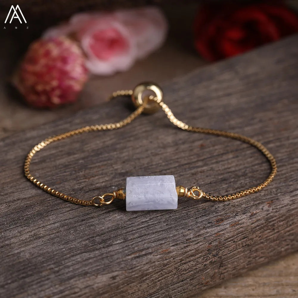 Natural Gemstone Single-Bead Bracelet – Gold-Plated Crystal Jewelry for Women