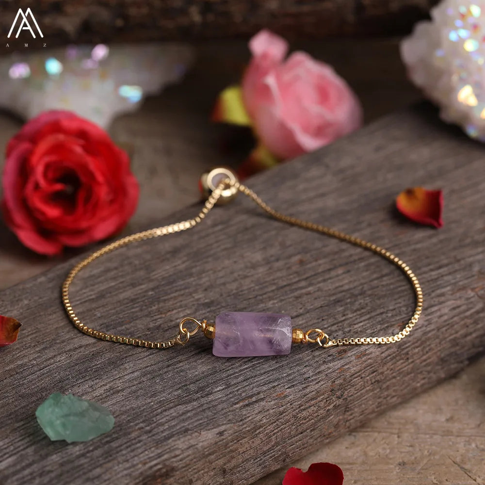 Natural Gemstone Single-Bead Bracelet – Gold-Plated Crystal Jewelry for Women