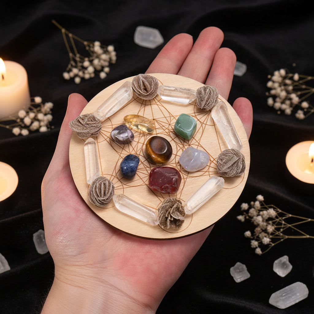 7 Chakra Healing Crystal Set – Tumbled Stones & Flower of Life Wood Base