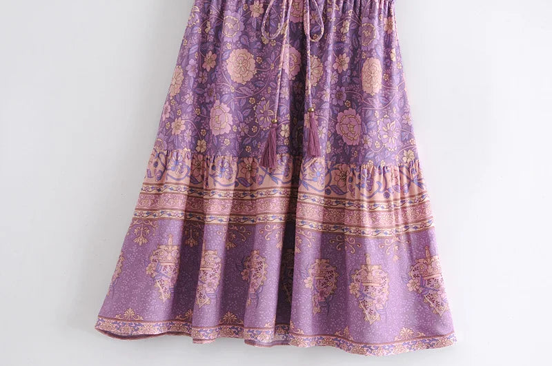 Purple Floral Boho Puff-Sleeve Mini Dress
