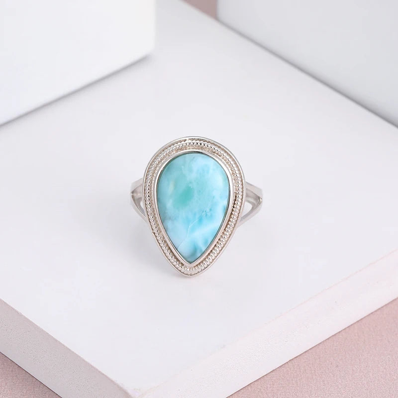 Larimar Teardrop Ring, Open Silver Band