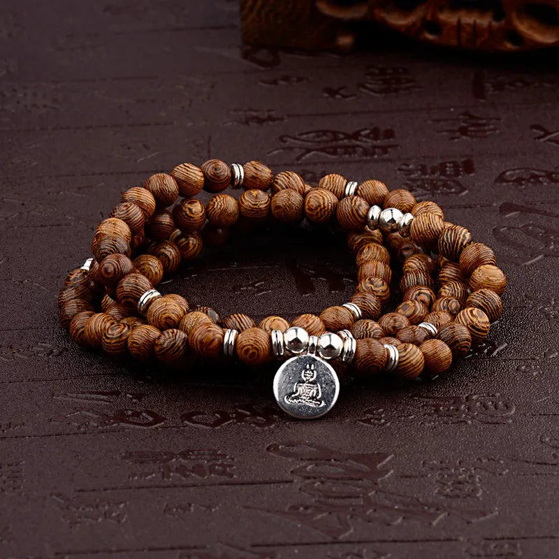 Wood Bead Buddha Om Lotus Charm Bracelet | Tibetan Mala Yoga Bracelet