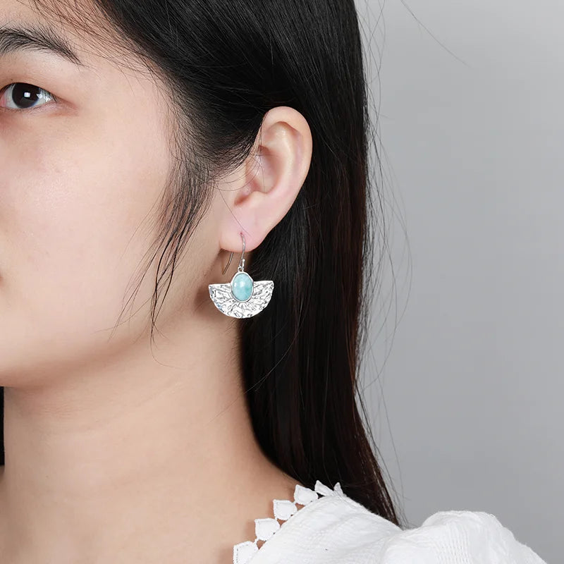 Larimar Hammered Fan Drop Earrings in 925 Sterling Silver