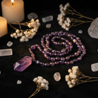 Natural Amethyst Mala Necklace — Handknotted Healing Crystal Jewelry