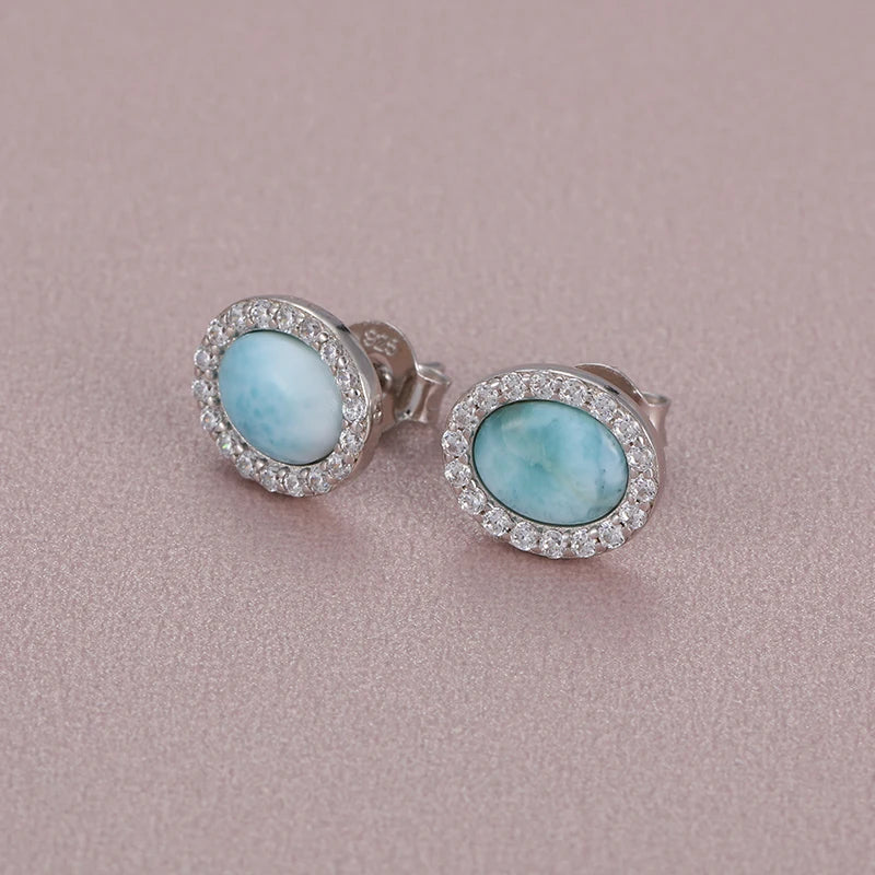 Larimar Oval Halo Stud Earrings, 925 Sterling Silver