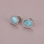 Larimar Oval Halo Stud Earrings, 925 Sterling Silver