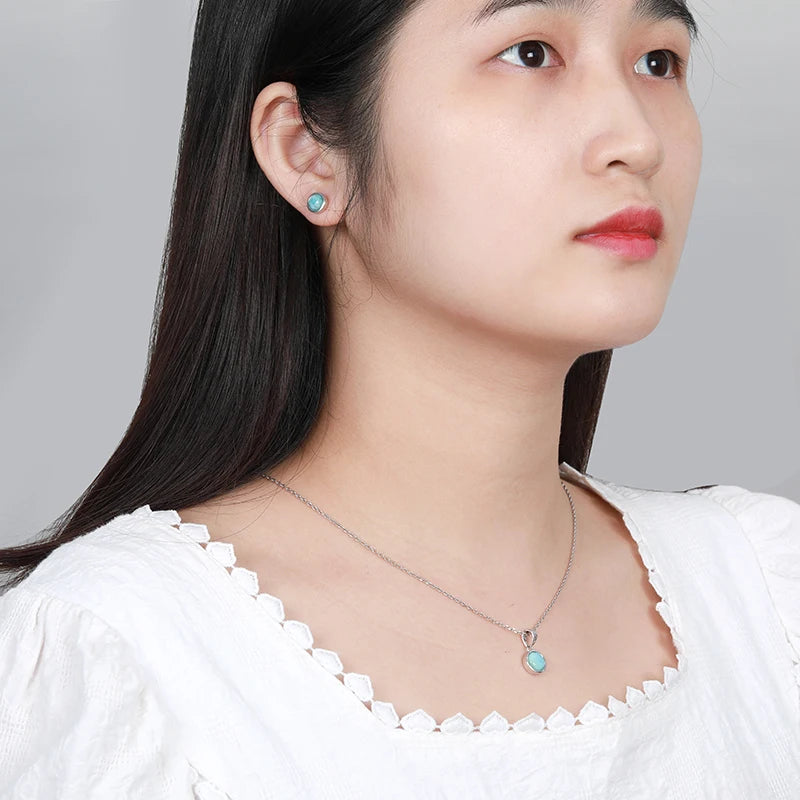 Larimar Round Bezel Stud Earrings, 925 Sterling Silver
