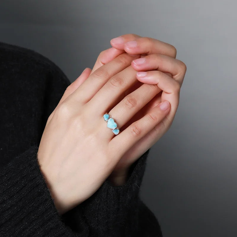 Larimar Heart & Trio 925 Sterling Silver Ring