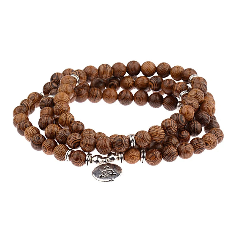 Wood Bead Buddha Om Lotus Charm Bracelet | Tibetan Mala Yoga Bracelet