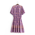Purple Floral Boho Puff-Sleeve Mini Dress