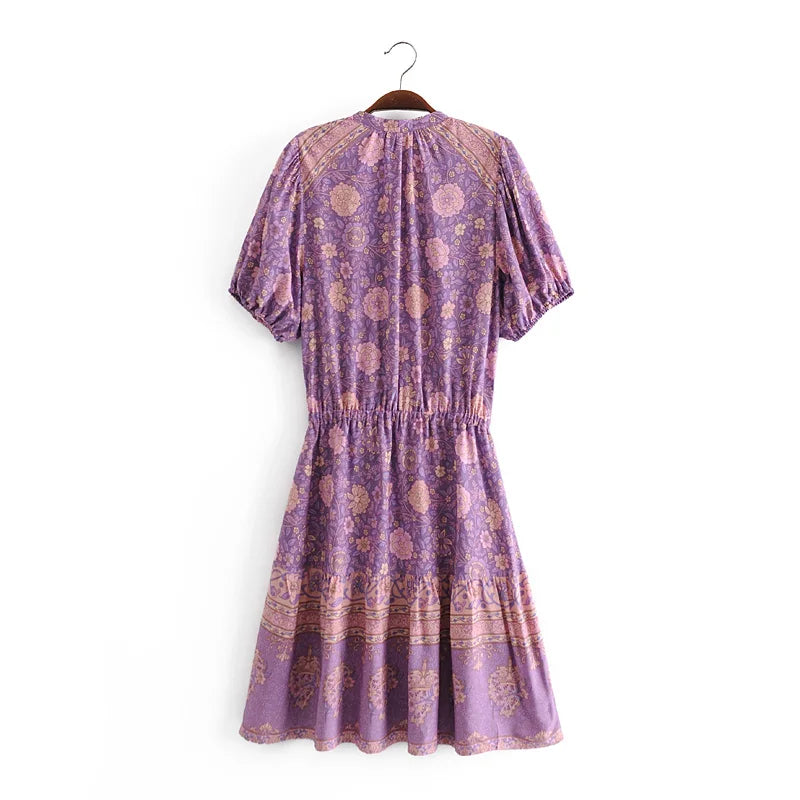 Purple Floral Boho Puff-Sleeve Mini Dress