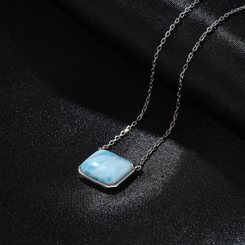 Larimar Rectangle Pendant Necklace in 925 Sterling Silver