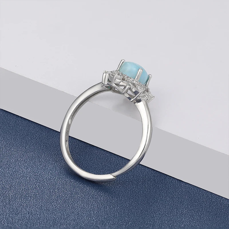 Larimar Halo Flower Ring, 925 Sterling Silver