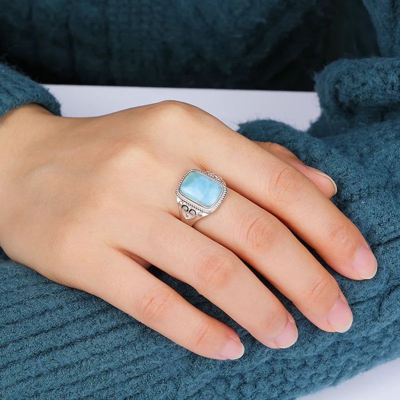 Larimar Cushion Cut Ring, Ornate Silver Frame