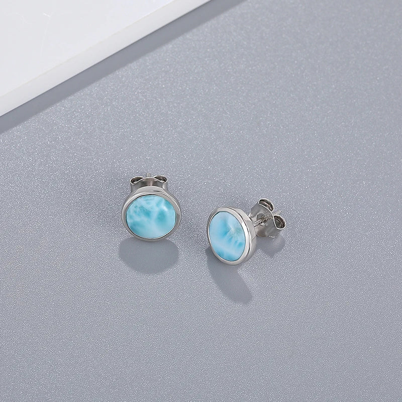 Larimar Round Stud Earrings in 925 Sterling Silver